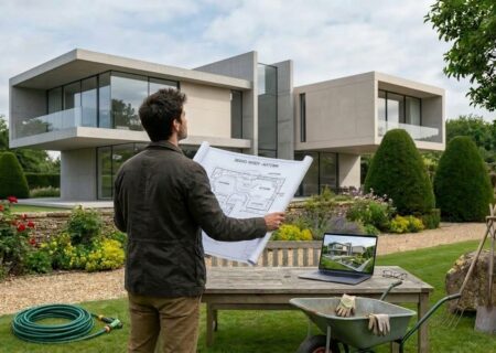 architect checking the garden design in front of the house and plans ahead