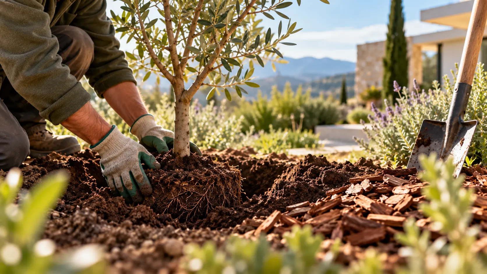 Planting an Olive Tree in Sunlit Garden